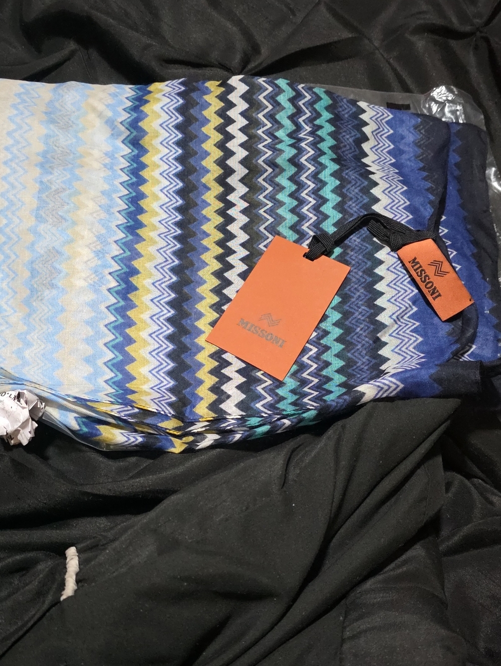 Brand New W/Tags Missoni Long Zigzag Swim Scarf in Blue, Yellow & White